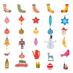 Set of Christmas balls toys, vintage baubles and decoration. Vector collection retro decorations, falt cartoon style