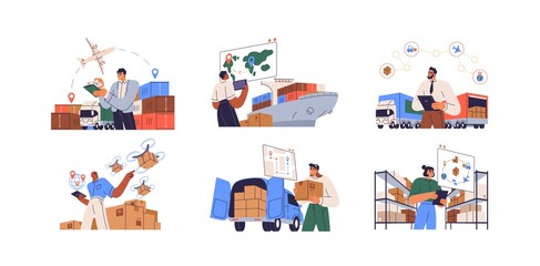 International logistics and cargo delivery concept. Export and import shipping of goods with transport. Technologies in supply chain management. Flat vector illustrations isolated on white background