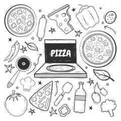 Pizza doodle element set, Hand drawn pizza pattern, pizza sketch ingredients, vector