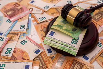 new clean beautiful euro banknotes laid out on which stands a wooden judge's gavel