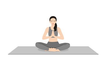 Easy Pose Prayer Hands, Beautiful girl practice Sukhasana Namaste Hands. Young attractive woman practicing yoga exercise. working out, black wearing sportswear, grey pants and top, indoor full length,