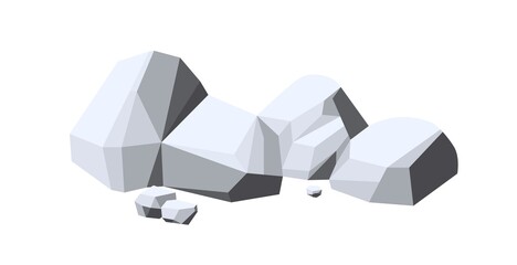 Stones with polygonal facets. Angular cobblestones pile and cobbles pieces. Rocks heap. Geometrical rocky composition. Lowpoly cartoon vector illustration isolated on white background