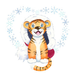 Cute tiger watercolor illustration. Year of the Tiger Christmas card.