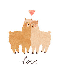 Vector colorful greeting card with cute illustration a couple of llamas in love. Flyers, invitation, poster, brochure, banner. Happy Valentines Day