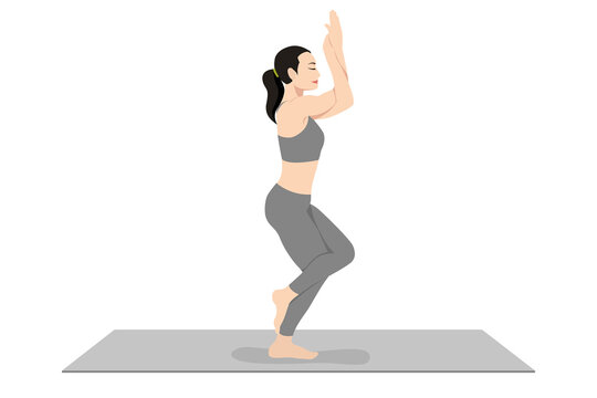 Eagle Pose, Beautiful girl practice Garudasana, Young attractive woman practicing yoga exercise. working out, black wearing sportswear, grey pants and top, indoor full length, calmness and relax.