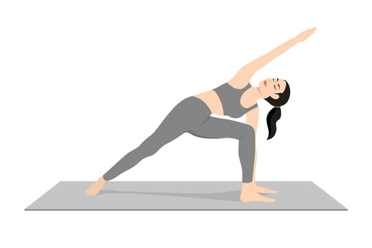 Extended Side Angle Pose, Beautiful girl practice Utthita Parsvakonasana. Young attractive woman practicing yoga exercise. working out, black wearing sportswear, grey pants and top, indoor full length