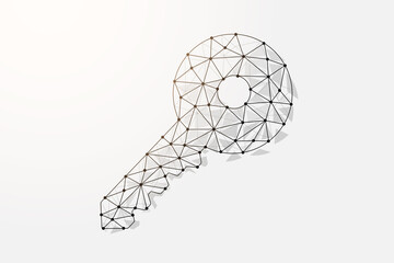 3d Key low poly symbol with connected dots. Security, secret, private design vector illustration. Key polygonal wireframe.