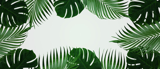 Realistic monstera and palm leaves on light background. Modern background for your design. Illustration for birthday, party card, invitation, fashion, presentation. Copy space for your text.