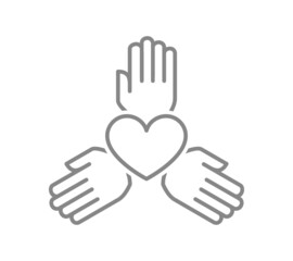 Three hands circle with heart line icon. Charity organization, teamwork, donation symbol
