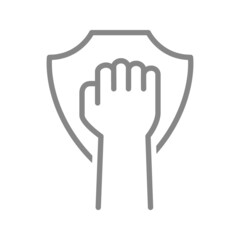 Fist with shield line icon. Hand up, revolt symbol