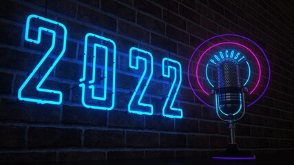 A podcast microphone with the year 2022. 3d illustration.