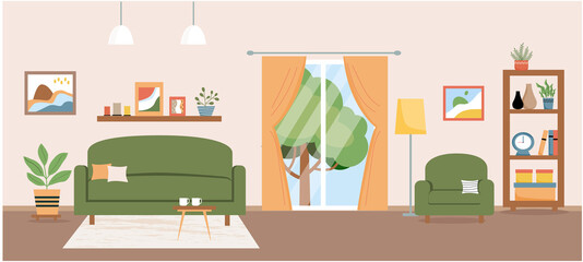 Living room vector illustration. Living room with furniture. Sofa, armchair, table, balcony, rack, home plants, table, decoration. Flat style.