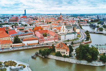 Naklejka na ściany i meble Panorama of Wroclaw city in Poland. Street of Wroclaw, aerial view. Europe town cityscape.