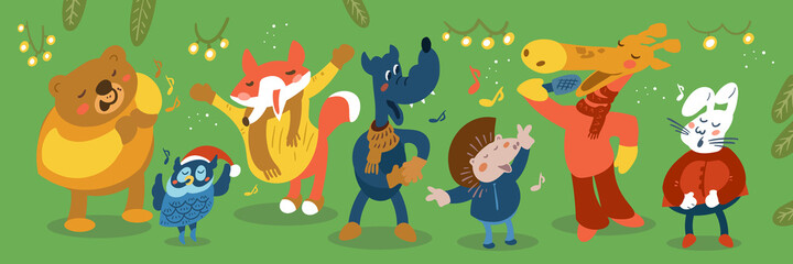 Cute animals sing songs, forest characters and elements in flat cartoon style. Hand drawn vector illustrations for cards, congratulations, prints, labels, posters.