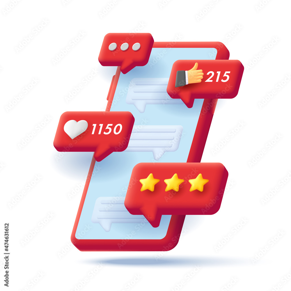 Aufkleber 3d render isometric illustration of a red smartphone with push notifications of likes and rating of 