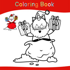 Coloring Unicorn Christmas sets worksheet page. Educational printable coloring worksheet. Coloring game for preschool children. Black and white vector illustration. Motor skills education.