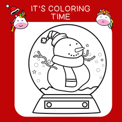 Coloring Unicorn Christmas sets worksheet page. Educational printable coloring worksheet. Coloring game for preschool children. Black and white vector illustration. Motor skills education.