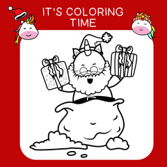 Coloring Unicorn Christmas sets worksheet page. Educational printable coloring worksheet. Coloring game for preschool children. Black and white vector illustration. Motor skills education.