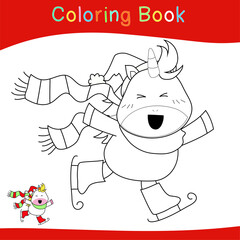 Coloring Unicorn Christmas sets worksheet page. Educational printable coloring worksheet. Coloring game for preschool children. Black and white vector illustration. Motor skills education.