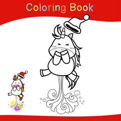 Coloring Unicorn Christmas sets worksheet page. Educational printable coloring worksheet. Coloring game for preschool children. Black and white vector illustration. Motor skills education.
