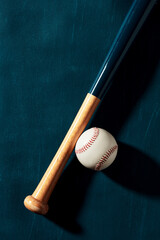Blue wooden baseball bat and a baseball ball on blue background