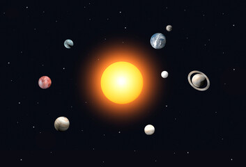 Fototapeta na wymiar Solar system of planets in space 3d. The sun, Earth, Mars, Jupiter and other space objects against the background of the black starry space of the universe. Astranomy, education, science concept.