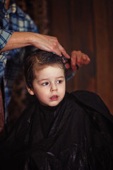 A little boy is trimmed in the hairdresser's