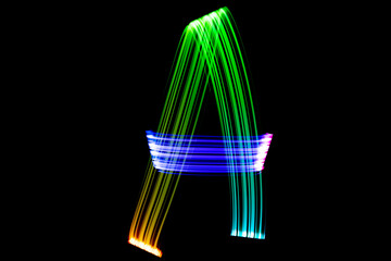 Letter A. Isolated figure on a black background. Freezelight.