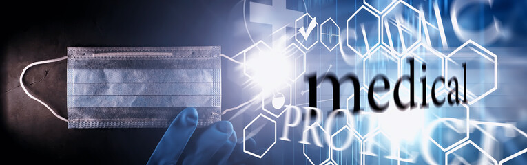 Personal protective equipment. Disposable medical mask. Gauze bandage for respiratory protection. Medical accessories.