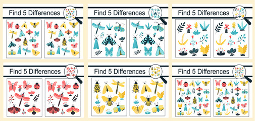Find the differences. Educational game for children. Collection of colorful insects, butterflies, beetles, dragonflies, flowers. Vector illustration, cartoon style. © tamatus_art