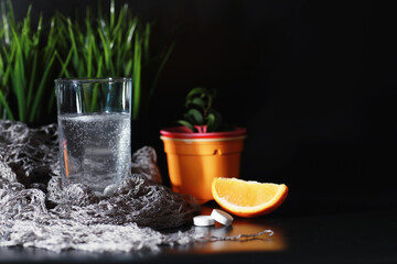 Composition from Bottles of cough syrup.Healthcare, medicine, flu and treatment concept - paper wipes and thermometer with pills.