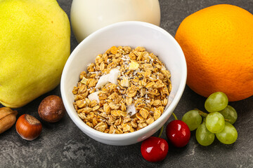 Breakfast with granola and milk