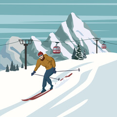 Mountain skier vintage winter resort village Alps, Switzerland. Snow landscape peaks, slopes with gondola lift, with wooden old fashioned skis and poles. Travel retro poster © hadeev