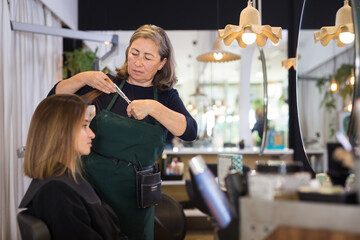 Focused elderly woman hairdresser cutting hair of female client with scissors in modern hair salon.