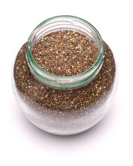 glass can full of organic natural chia seeds close-up isolated on white background