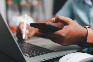 concept of achieving goals Businessman presenting business investment goals through laptop at the office desk
