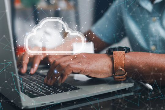 Businessmen use laptops to secure computing through cloud storage for digital business and cloud data processing management. Optimizing online business customer service
