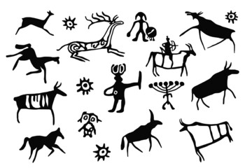 A series of petroglyphs, rock paintings of Siberia, vector design