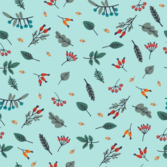 Seamless pattern with berries and leaves on blue background. Autumn concept