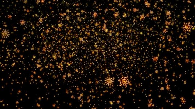 Schneefall, Animation von Schneeflocken (Schneekristallen) in bunten Farben vor schwarzem Hintergrund, 4K