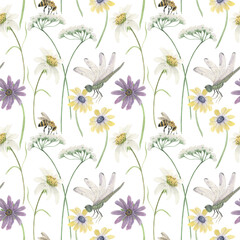 Watercolor painting seamless pattern with white meadow flowers,dragonfly, bee - 474636629