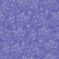 Seamless pattern with hand drawn Fig tree branches with fruit, blue with violet-red undertone, Pantone of the year 2022