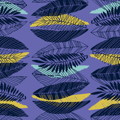 Seamless pattern with tropical leaves in retro 1970s style. Vector illustration on Very Peri colors of the year 2022