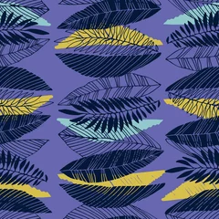 Gordijnen Naadloos patroon met tropische bladeren in retro jaren 70-stijl. Vectorillustratie op Very Peri-kleuren van het jaar 2022 © Blooming Sally