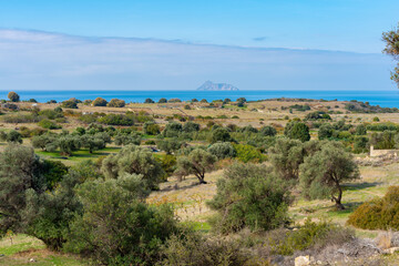 View to the beach and bay of Komos near the villages of Pitsidia and Matala, with a dry landscape, olive trees and fields