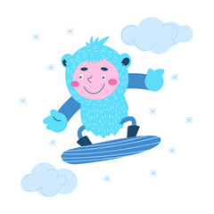 Fabulous Yeti on a snowboard. Cute monster.
