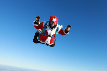Skydiving. The jump before New Year. Skydiver dressed as Santa Claus.