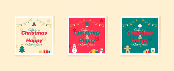 Set Cute Merry Christmas Happy New Year Santa Claus Gingerbread man Christmas Tree Snow Globe Gift Snowman Wreath Sock Candy Cane Present Christmas Wreath Snowflake Square Card Poster Baner Promotion