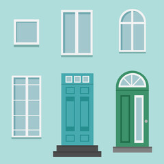 windows, doors of the house. House Exterior. Home Entrance.All elements are isolated.Facade vector templates.