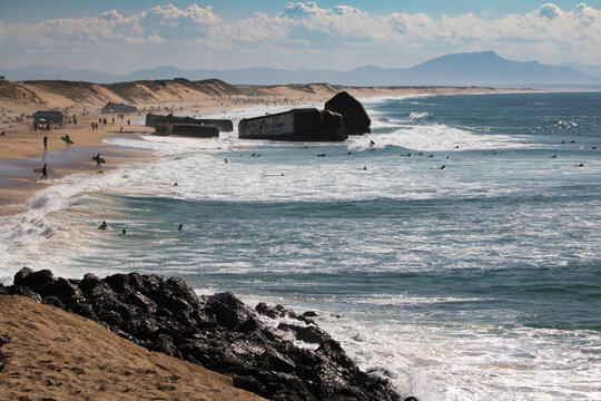 Waves crashing blockhouse in Capbreton, France